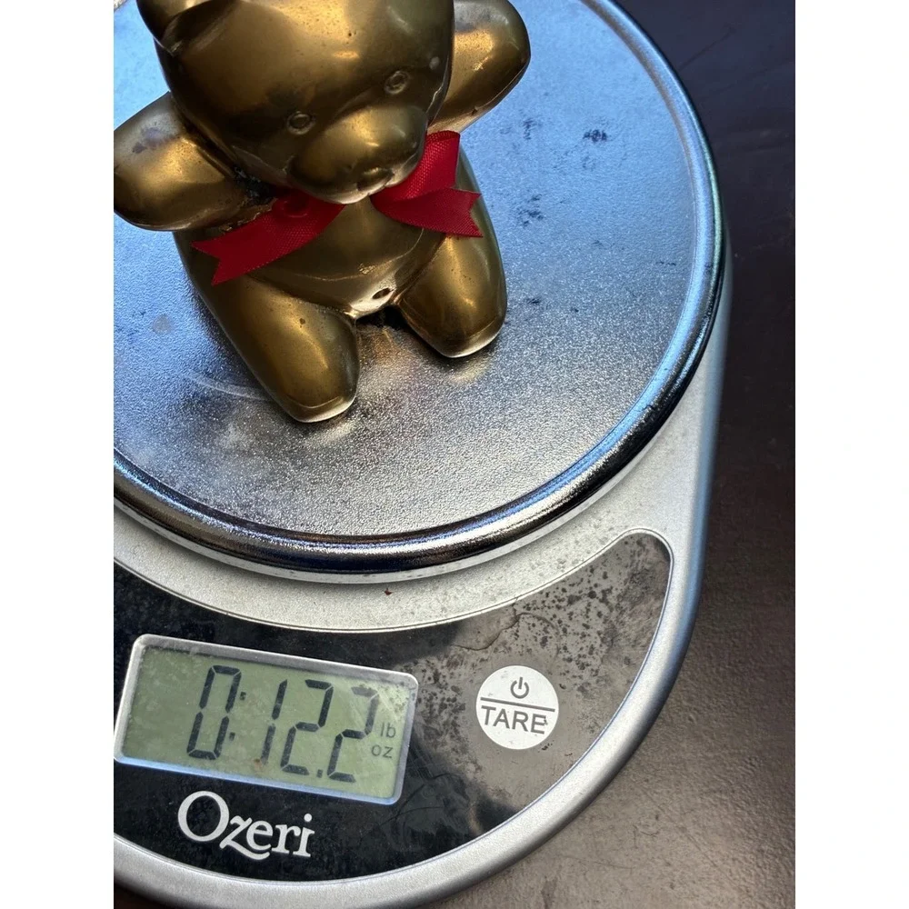Vintage Solid Brass Teddy Bear Figurine Paperweight Red Ribbon Made in Taiwan